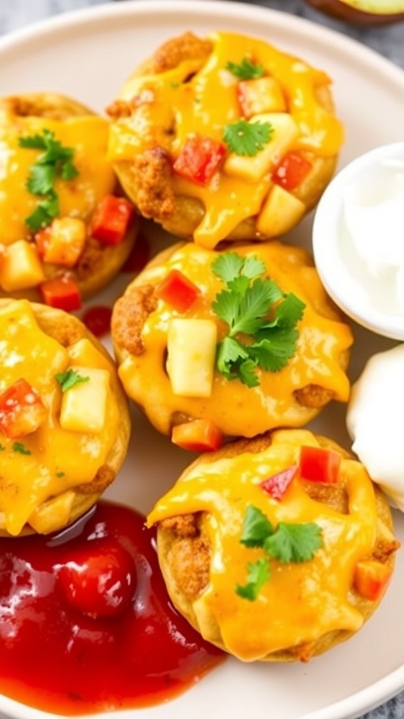 Cheesy taco muffins on a plate with salsa and sour cream, garnished with cilantro.